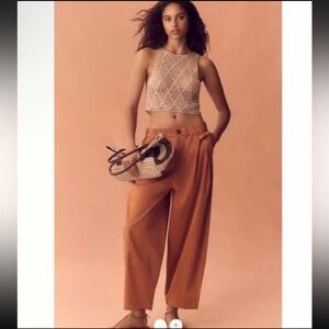 Maeve Anthropologie Poplin Barrel Pants High-Waisted Pleated Large Burnt Orange